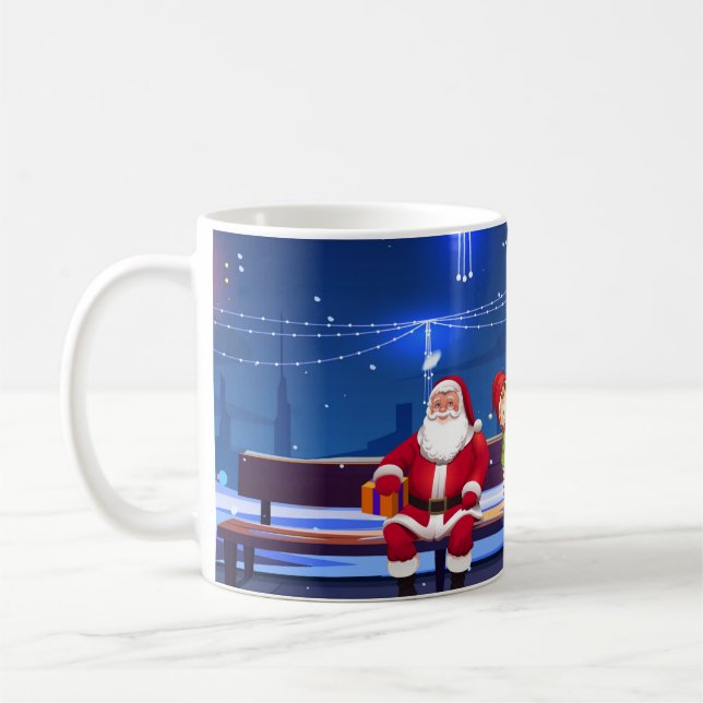 Jultomten på parkbänk kaffemugg (Vänster)