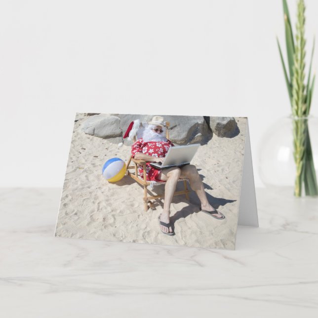 Jultomten på semester på strand helgkort (Framsida)