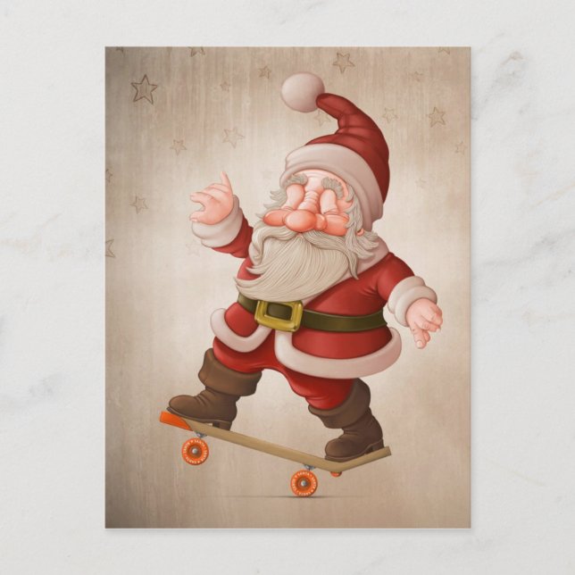 Jultomten på skateboard helg vykort (Framsida)