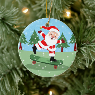 Jultomten på skateboard julgransprydnad keramik