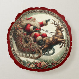 Jultomten på sleigh och renar rund kudde