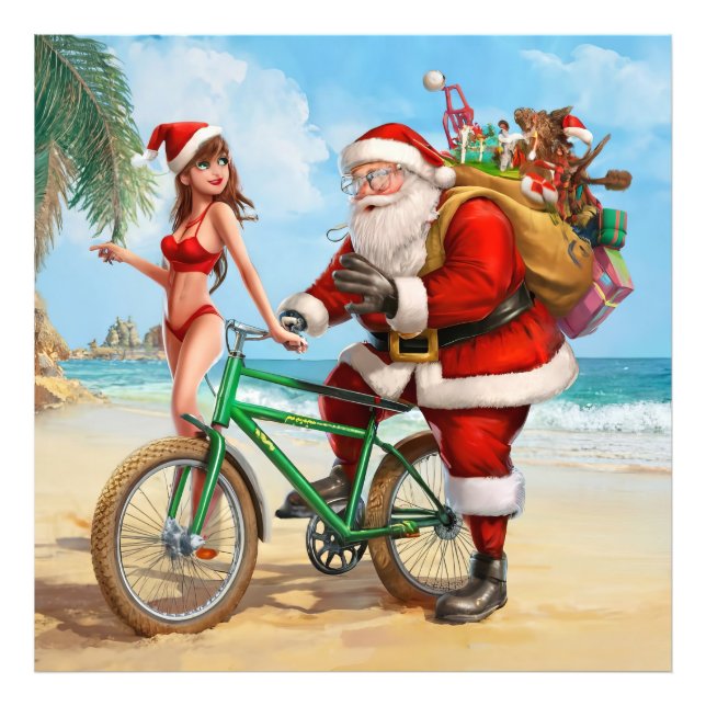 Jultomten på stranden, God jul! Fototryck (Framsidan)
