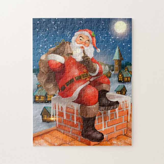 Jultomten på taktopp pussel (A cheerful Santa Claus sitting on a snowy rooftop, with a playful finger to his lips!)