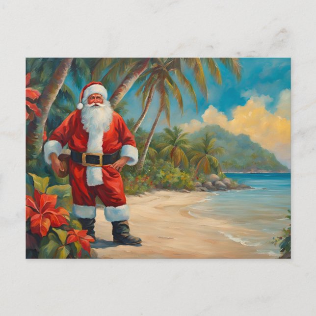 Jultomten på tropisk strand helg vykort (Framsida)
