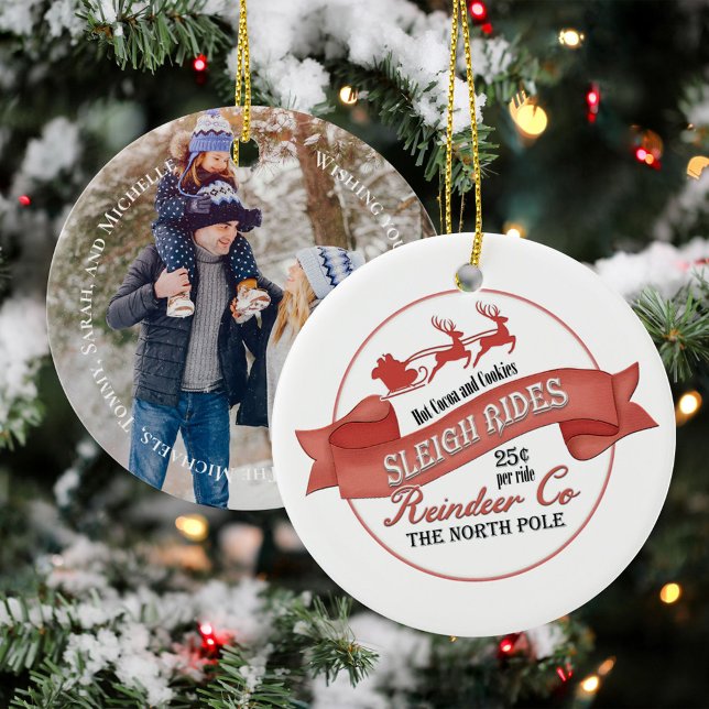 Jultomten Photo Jul-Personligen Julgransprydnad Keramik (Christmas photo ornament with cute Reindeer sleigh rides typography sign. )