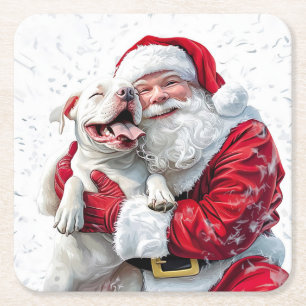 Jultomten & Pitbull Puppy Hund, Papper plåt Underlägg Papper Kvadrat