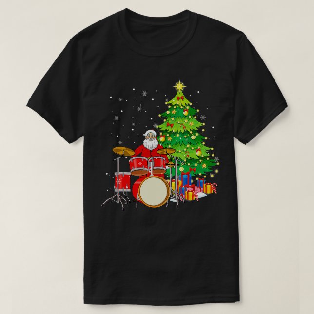 Jultomten Play Drums Nearby Julgran Funny T Shirt (Design framsida)