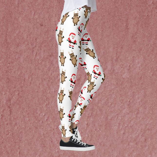 Jultomten Red Kostym Reindeer jul Mönster Leggings (A pair of leggings featuring a pattern of Santa in a red suit and reindeer.)