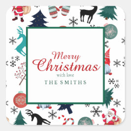 Jultomten Reindeer Gräs Träd Mittens Fyrkantigt Klistermärke