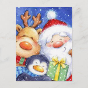 Jultomten Reindeer och Penguin Helg Vykort