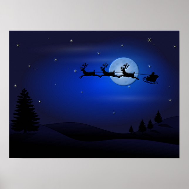 Jultomten Reindeer och Sleigh över Måne Poster (Framsidan)