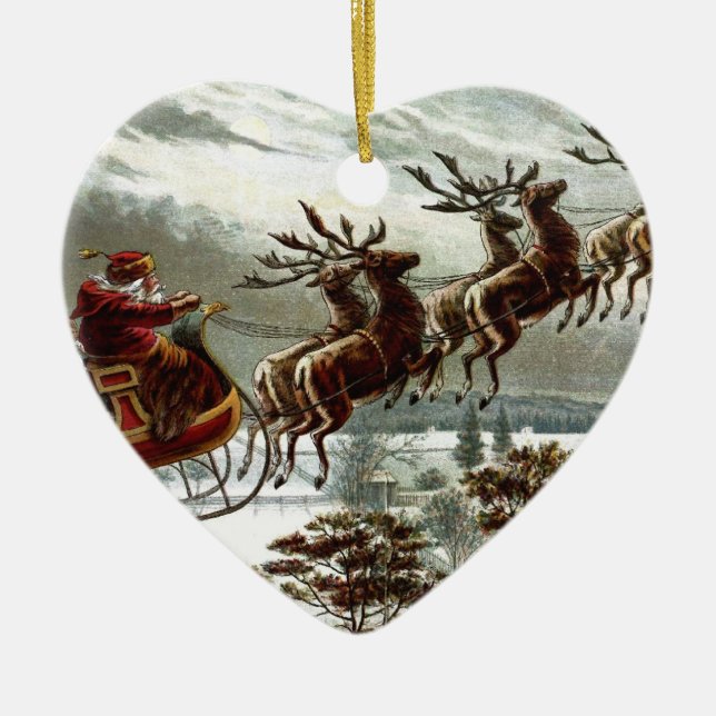 Jultomten ren och Sleigh för Victorian | Julgransprydnad Keramik (Framsidan)
