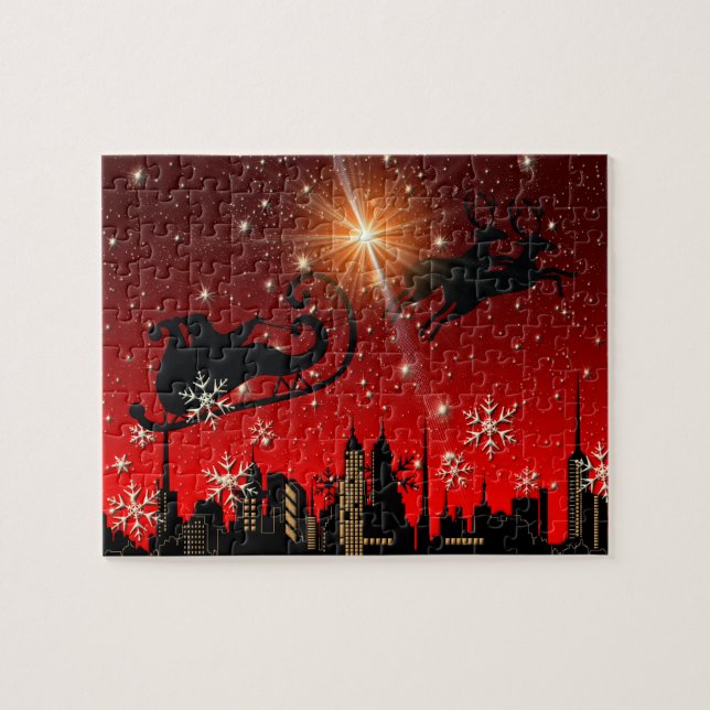 Jultomten ren och Sleighflyg Pussel (Horisontell)