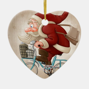 Jultomten rider cykeln julgransprydnad keramik