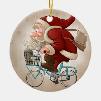 Jultomten rider cykeln julgransprydnad keramik
