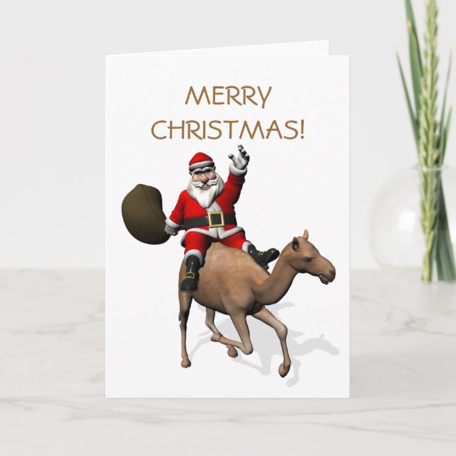 Jultomten rider en kamel helgkort (Framsida)