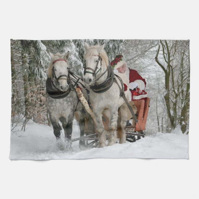 Jultomten rider i ett Horse sleigh Kökshandduk (Horisontell)