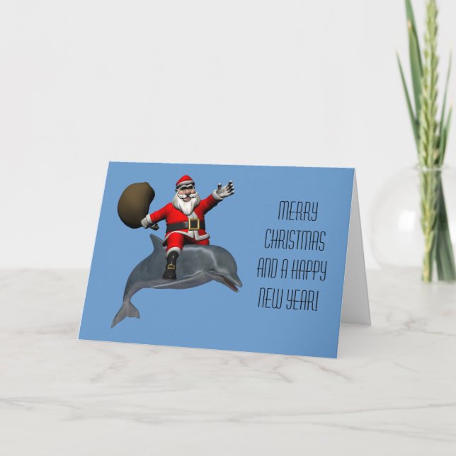 Jultomten rider mot delfiner helgkort (Framsida)