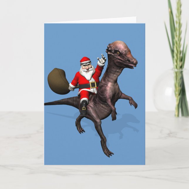 Jultomten rider på dinosaur helgkort (Framsida)