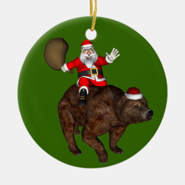 Jultomten Riding A Bear Julgransprydnad Keramik (Framsidan)