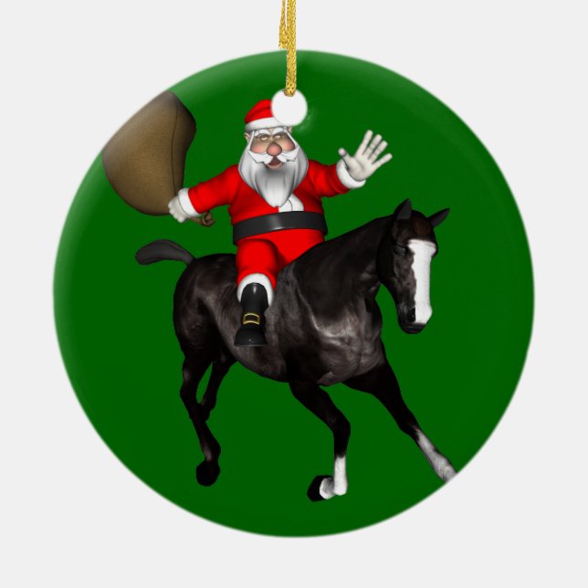 Jultomten Riding A Black Horse Julgransprydnad Keramik (Baksidan)