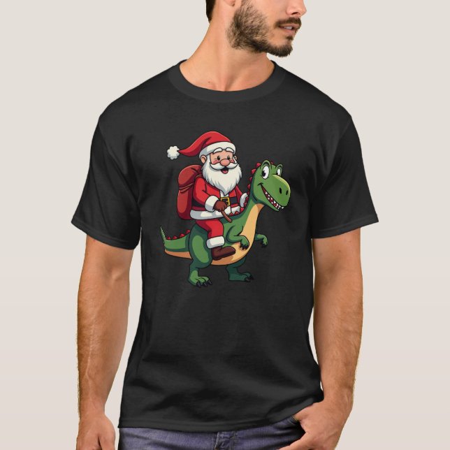 Jultomten Riding a Dinosaur best jul Gift T Shirt (Framsida)