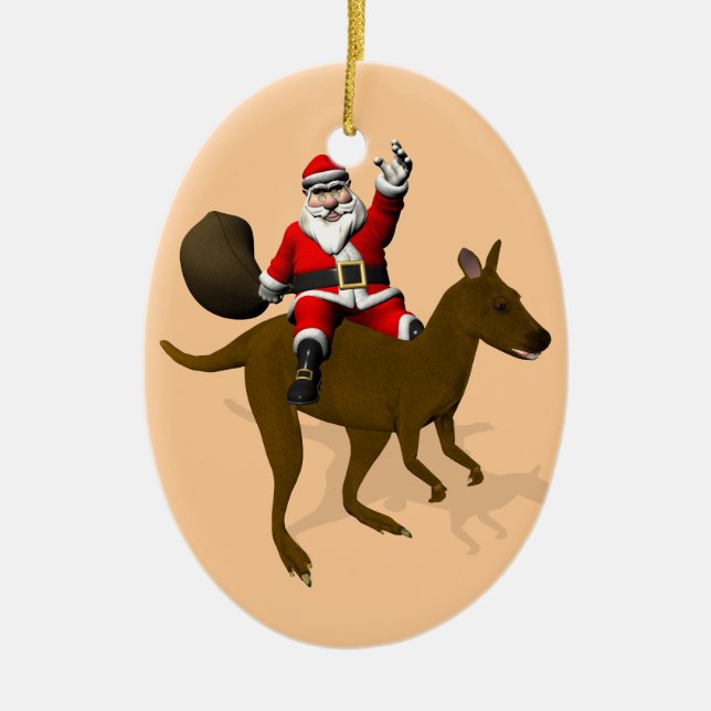 Jultomten Riding A Kangaroo Julgransprydnad Keramik (Framsidan)