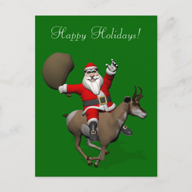 Jultomten Riding A Pronghorn Helg Vykort (Framsida)