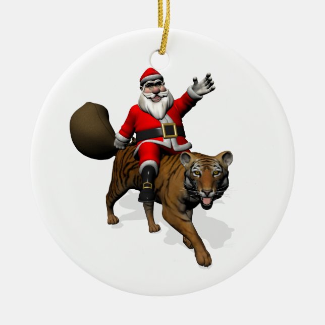 Jultomten Riding A Tiger Julgransprydnad Keramik (Framsidan)