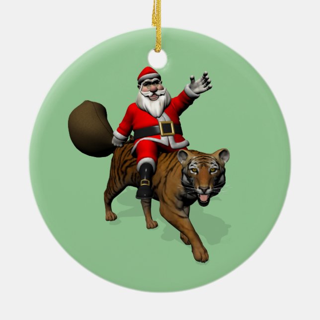 Jultomten Riding A Tiger Julgransprydnad Keramik (Baksidan)