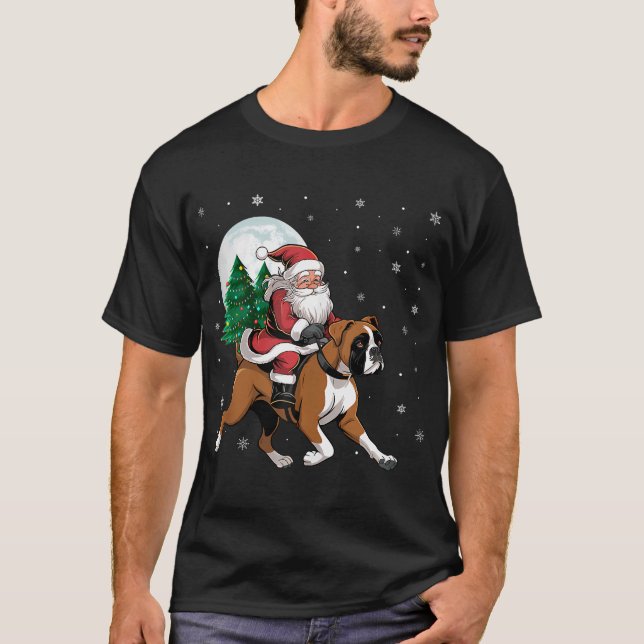 Jultomten Riding Boxer Hund Funny Julgran T Shirt (Framsida)