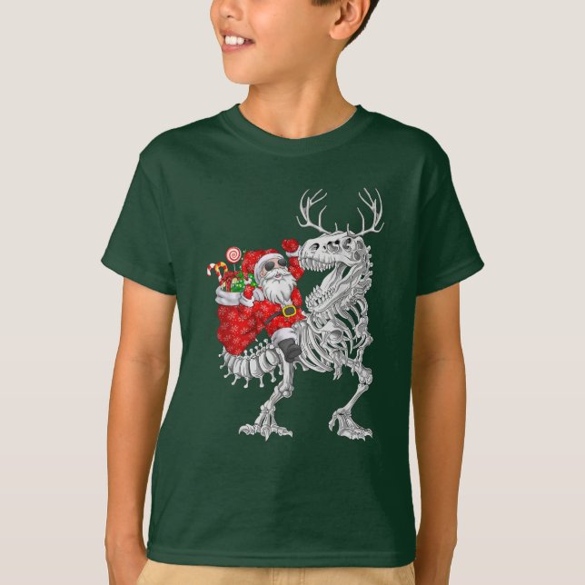 Jultomten Riding Dinosaur Hjort Julafton T Shirt (Framsida)