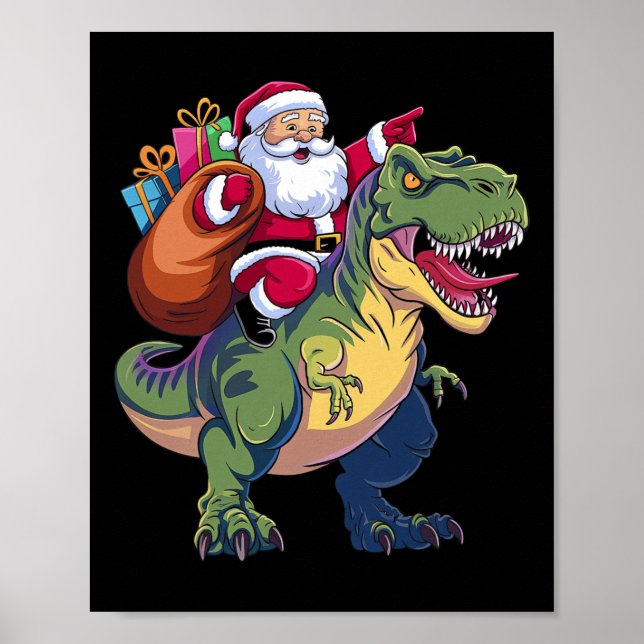 Jultomten Riding Dinosaur T-rex Boys Kids to Poster (Framsidan)