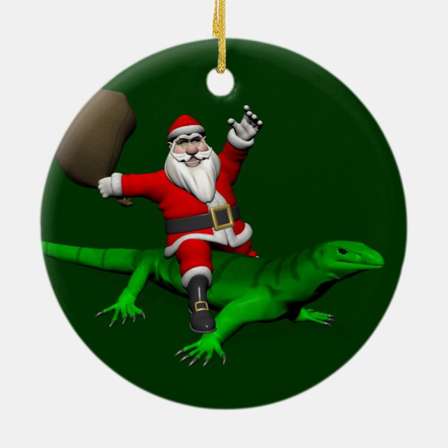 Jultomten Riding Grönt Lizard Julgransprydnad Keramik (Baksidan)