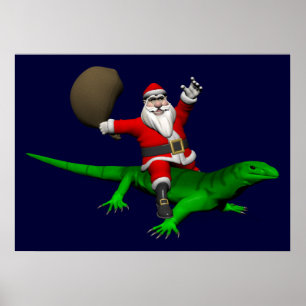 Jultomten Riding Grönt Lizard Poster
