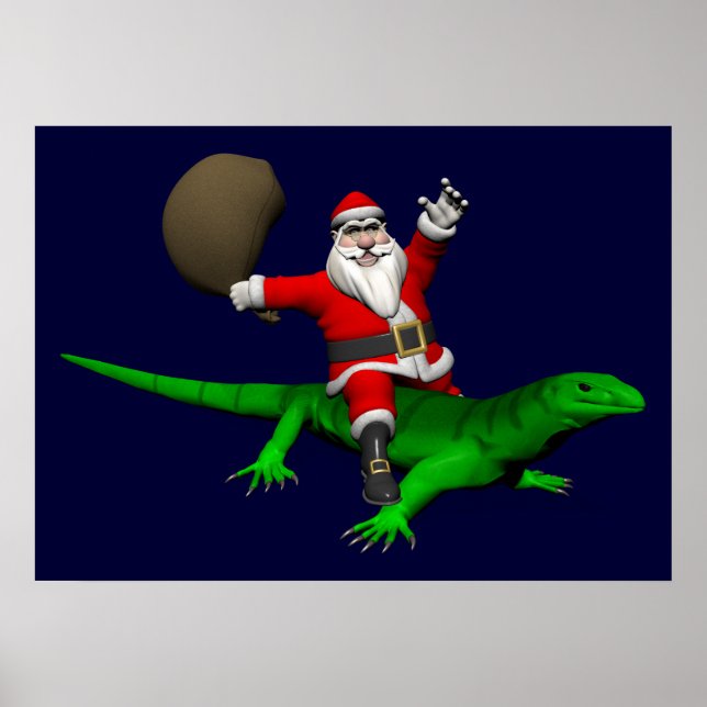 Jultomten Riding Grönt Lizard Poster (Framsidan)