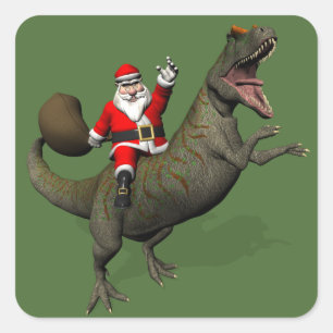 Jultomten Riding on Allosaurus Fyrkantigt Klistermärke