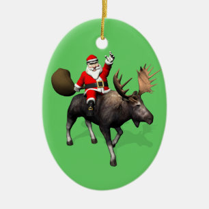 Jultomten riding on moose julgransprydnad keramik