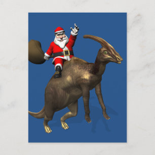 Jultomten Riding on Parasaurolophus Helg Vykort