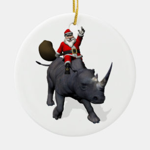 jultomten Riding on Rhinoceros Rhino Julgransprydnad Keramik