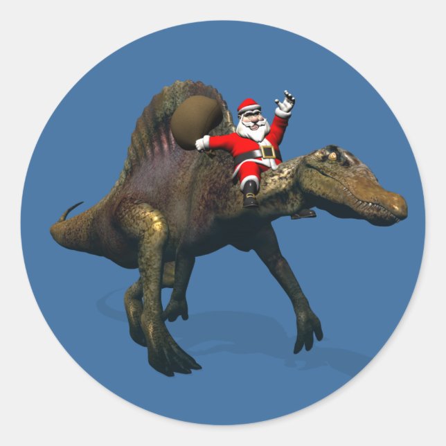 Jultomten Riding on Spinosaurus Runt Klistermärke (Framsida)