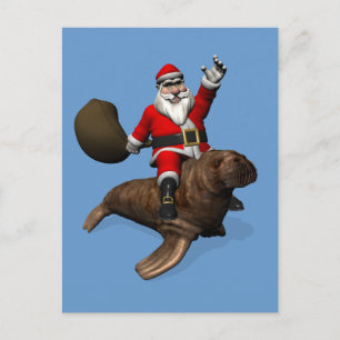 Jultomten Riding on Walrus Helg Vykort