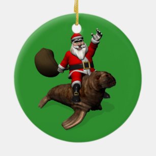 Jultomten Riding on Walrus Julgransprydnad Keramik