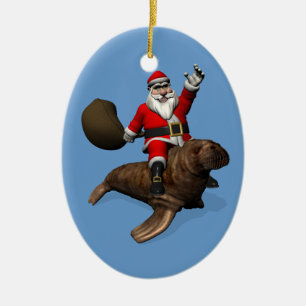 jultomten Riding on Walrus Julgransprydnad Keramik