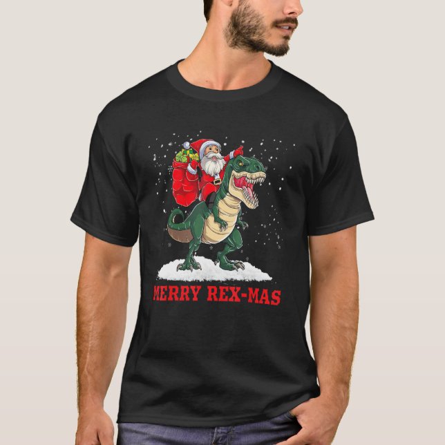 Jultomten Riding T Rex Dinosaur Shirt (Framsida)
