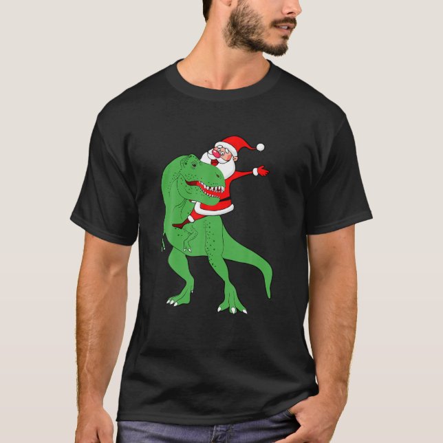 Jultomten Riding T Rex Funny Juldobaur T Shirt (Framsida)