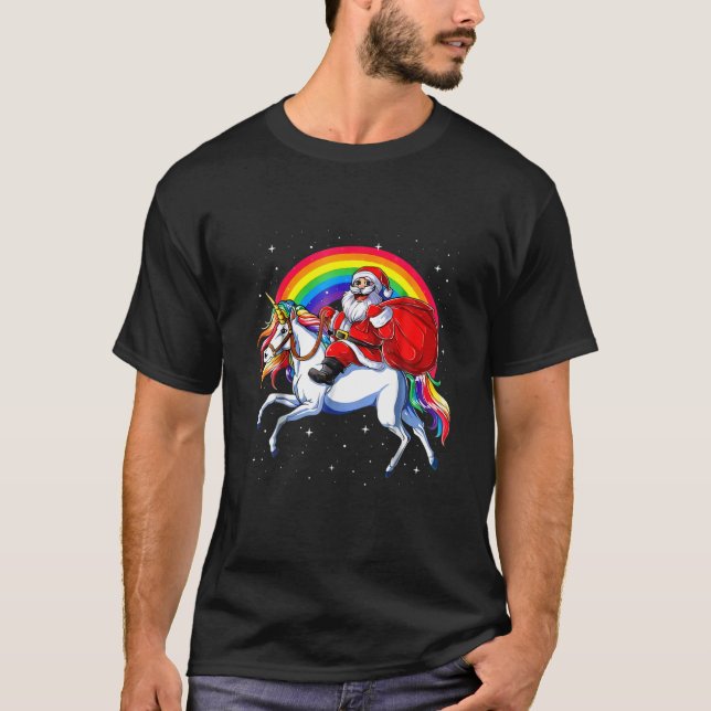 jultomten Riding Unicorn Rainbow jul Kids T Shirt (Framsida)