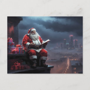 jultomten sitta vid tak vykort