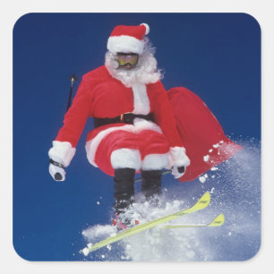 Jultomten skidar på att hoppa av en cornice på fyrkantigt klistermärke
