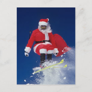Jultomten skidar på att hoppa av en cornice på helg vykort